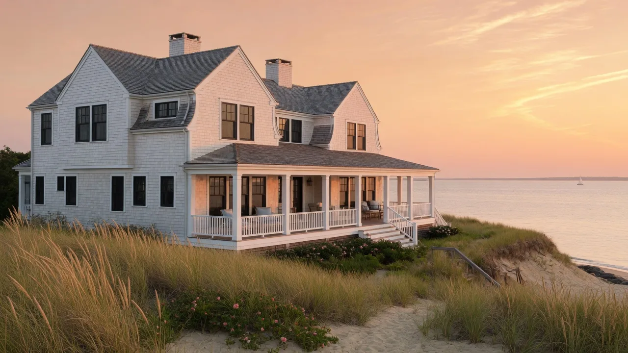 A cedar-shingle coastal custom home on a Cape Cod waterfront bluff at golden hour by Custom Crafted Homes