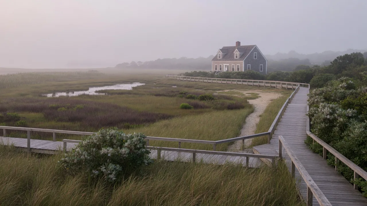 A cedar-shingle home set back behind a protected salt marsh and conservation buffer on Cape Cod