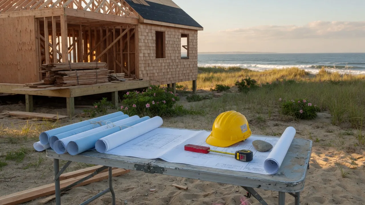 A builder's site table with blueprints and a hard hat at a framed coastal Cape Cod home