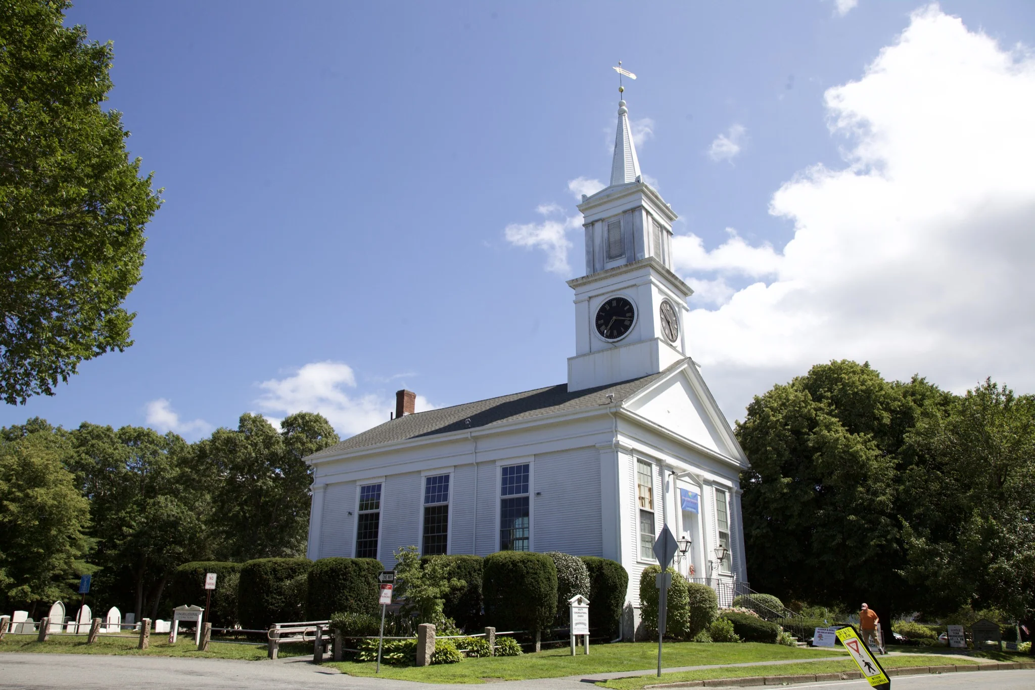 White clapboard church with a steeple in Centerville village, Barnstable, Massachusetts