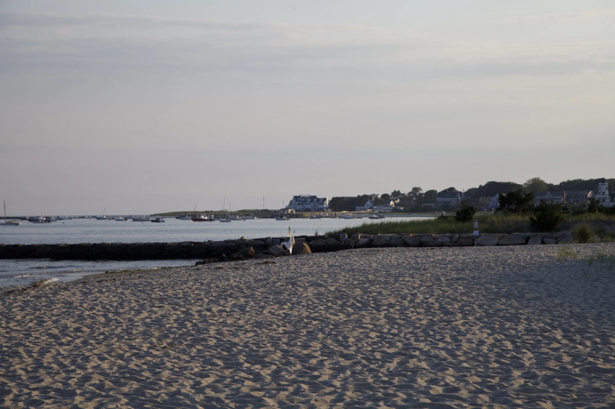 Sandy beach and stone breakwater at Hyannis Port with houses along the shore