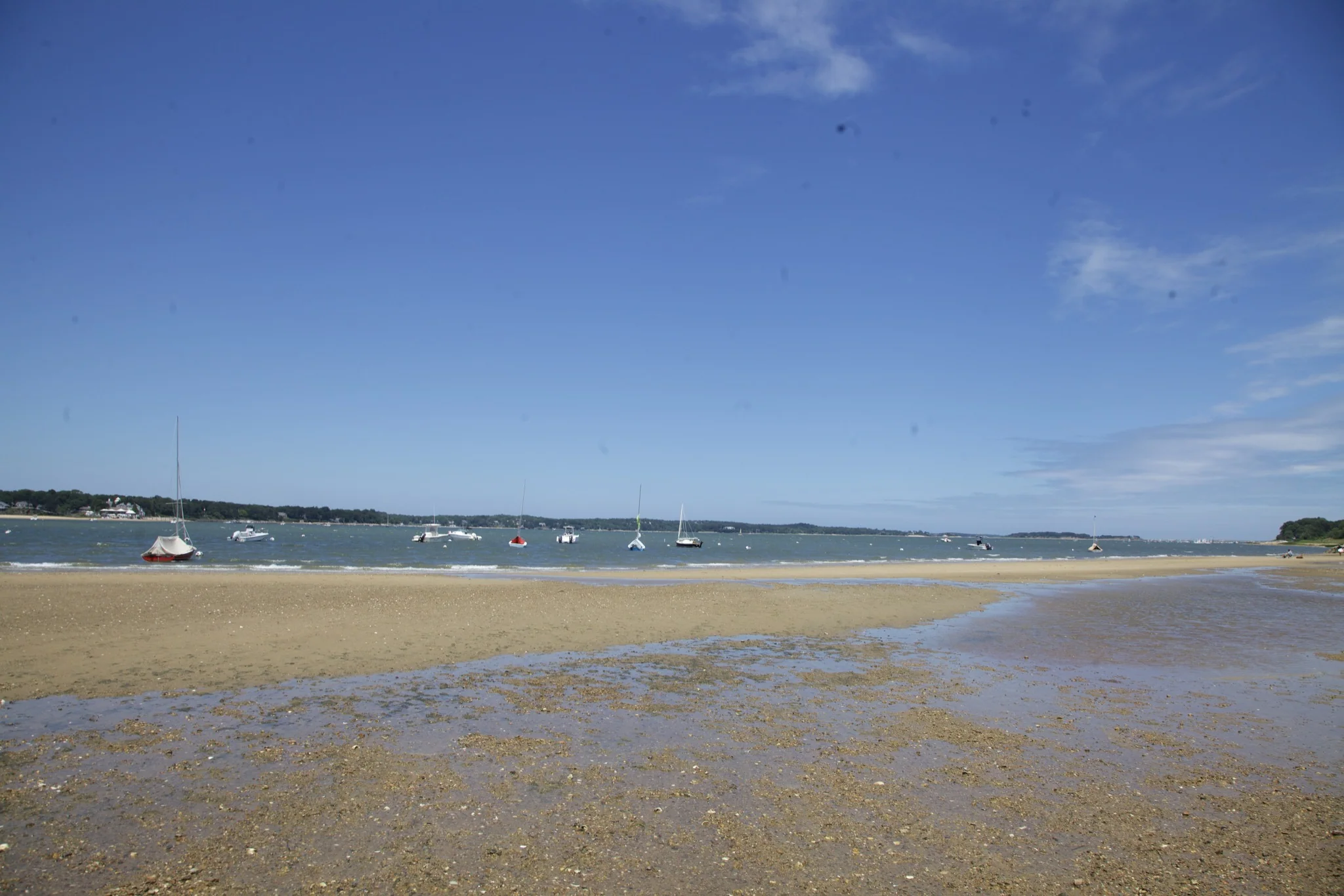 Wide view across the Chatham cove at low water with the far shore beyond