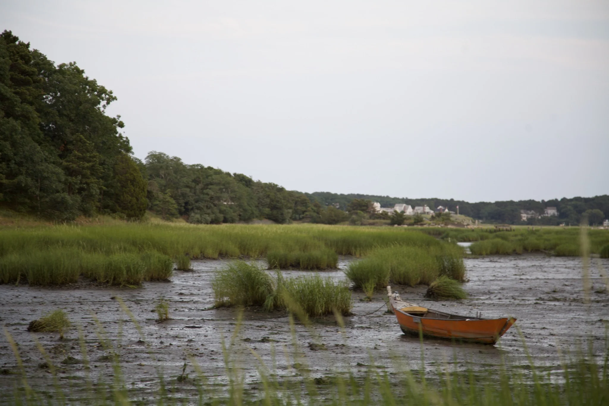 Wooden dory resting on the marsh flats at low tide in Wellfleet
